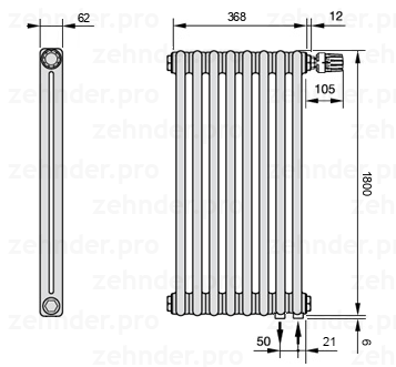 Схема (чертеж) Радиатор Zehnder Charleston 2180/8 №V002 Technoline TL